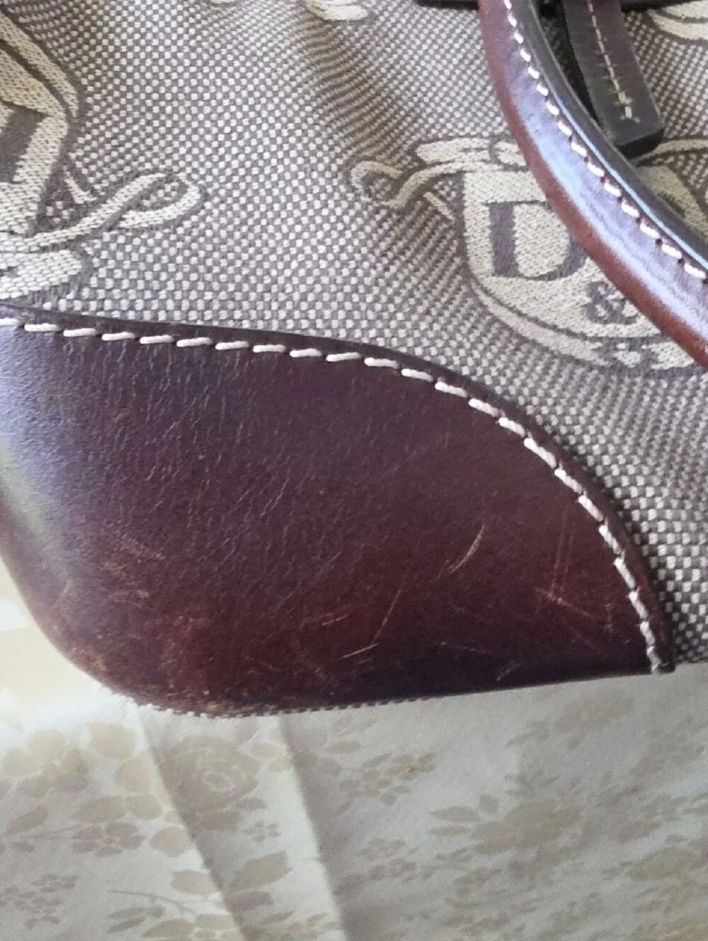 DB Patterned Canvas Satchel with Brown Leather Trim